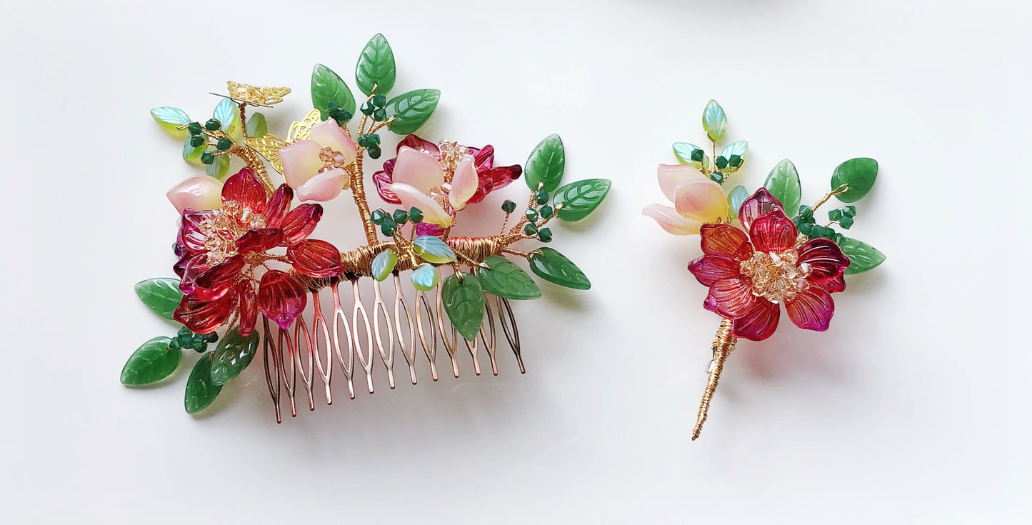 Merry and blessed Chinese peony wedding hair slide