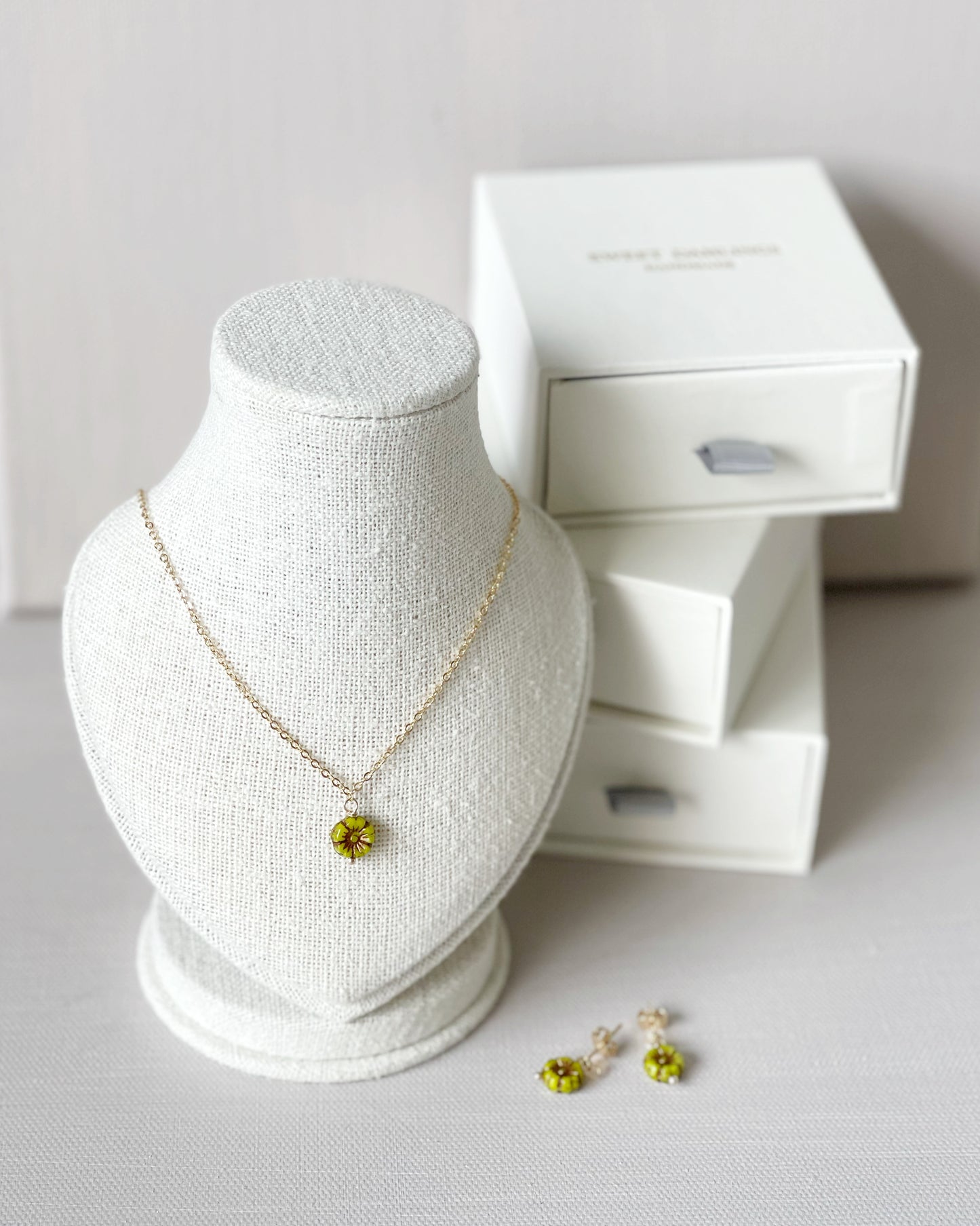 Mini sakura necklace and earrings set in avocado