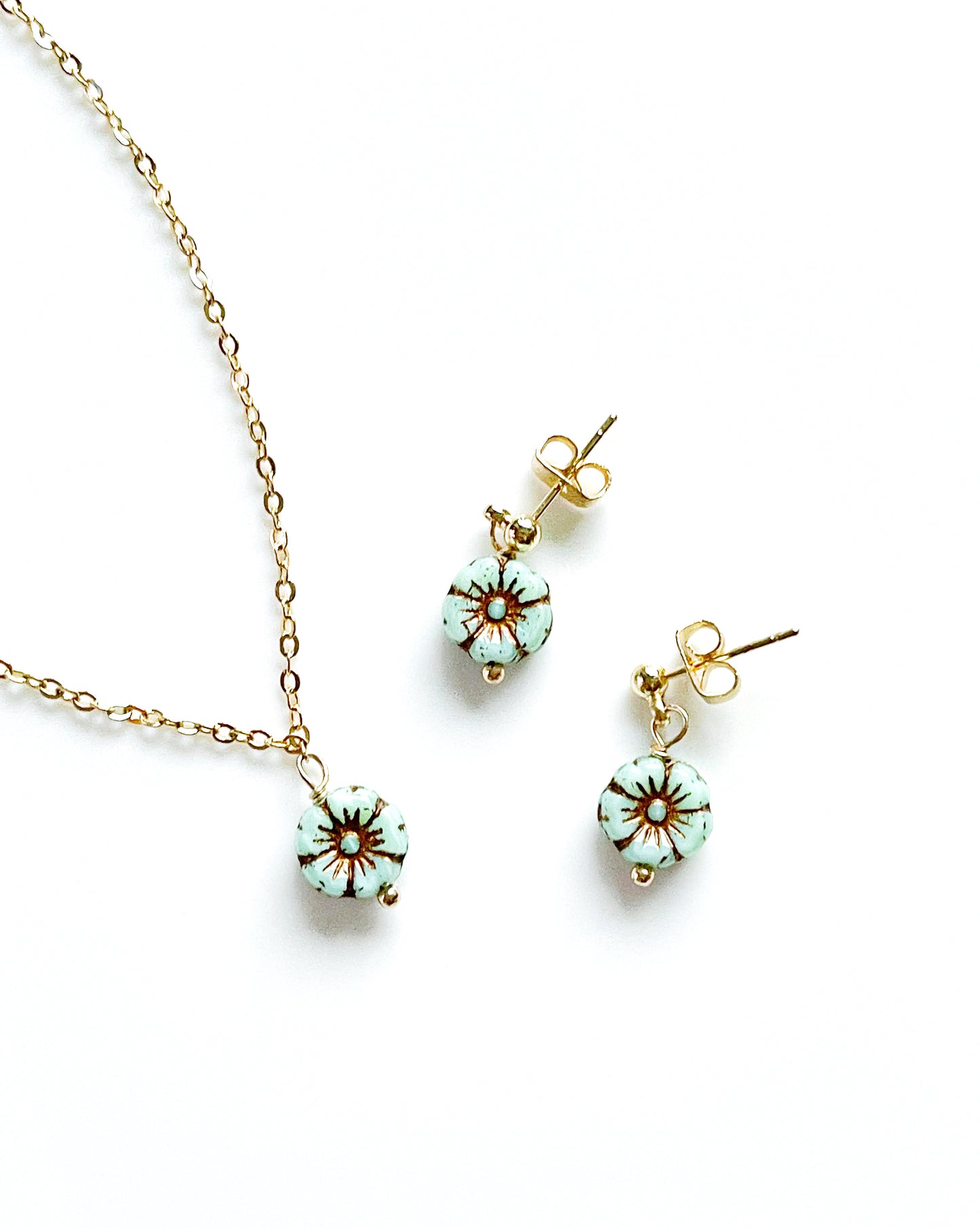 Mini sakura necklace and earrings set in aqua