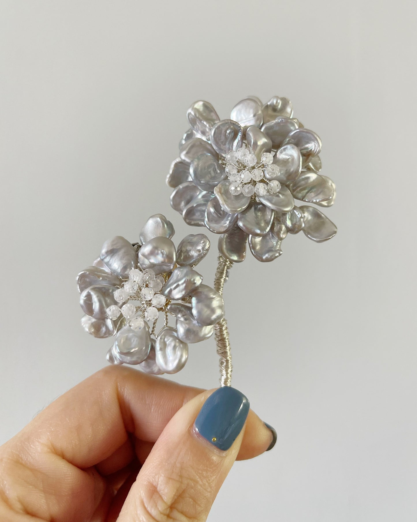 Silver Christmas peony freshwater pearls and Czech glass brooch