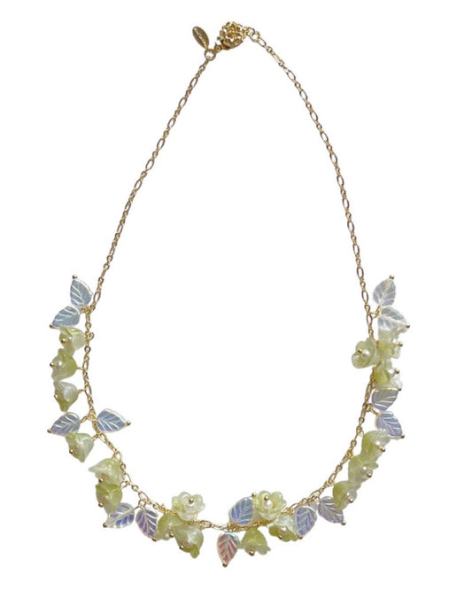 Spring Canterbury bell flowers bouquet necklace in green and AB white