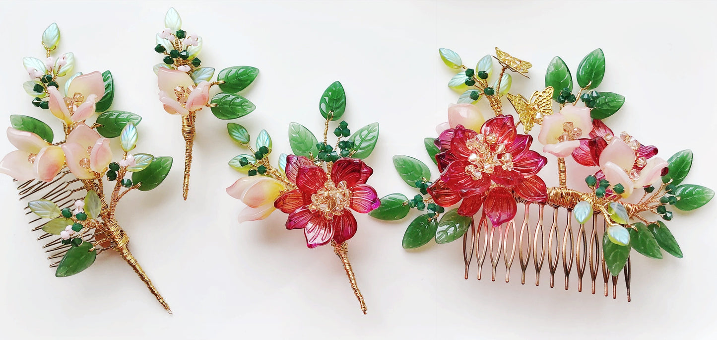 Pink lily Swarovski crystals and glass wedding hair slide