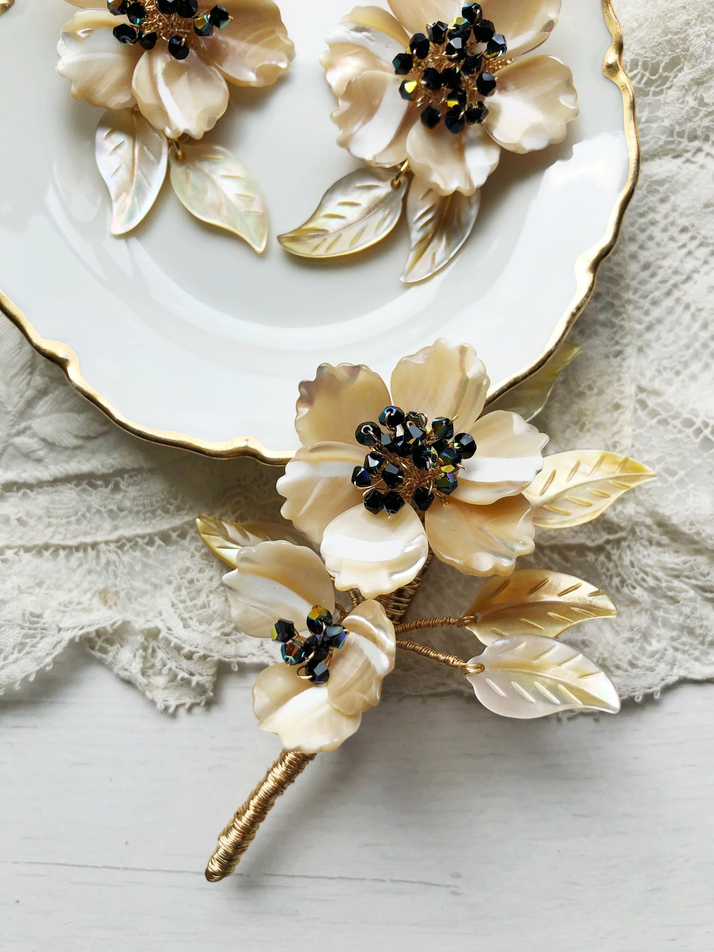 Seashells floral twig brooch with Swarovski crystals