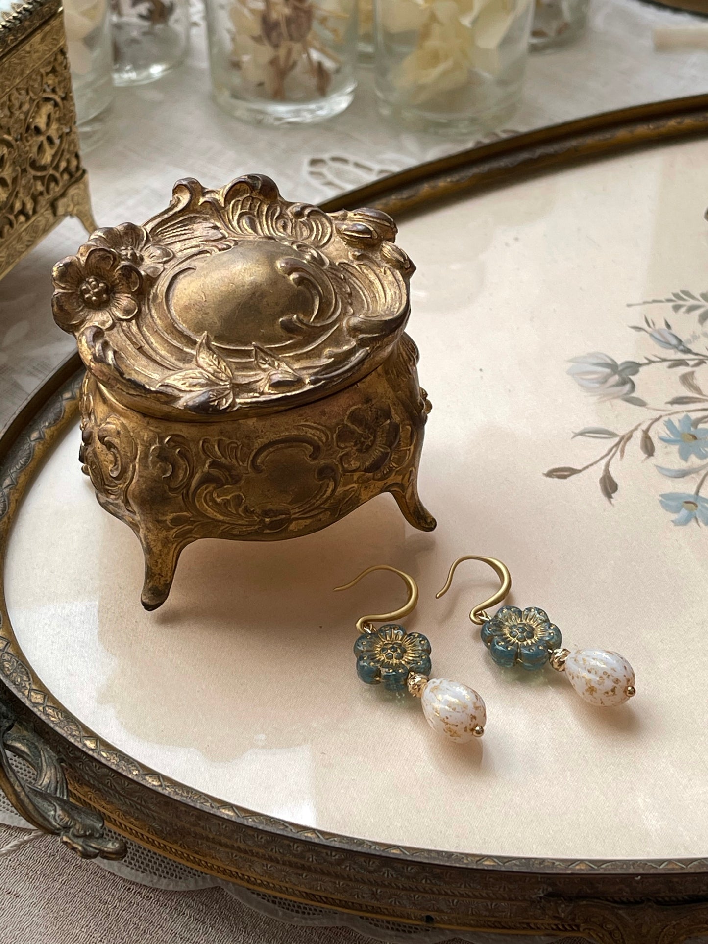 Golden blue Victorian flowers and tear drop glass earrings