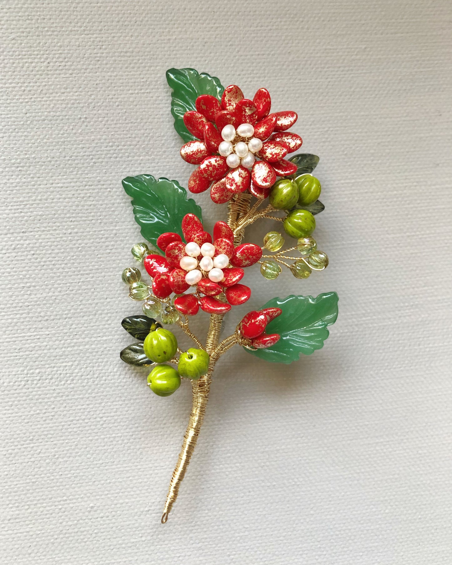《February Palette I》Victoria’s chrysanthemum floral bouquet brooch in Chinese red