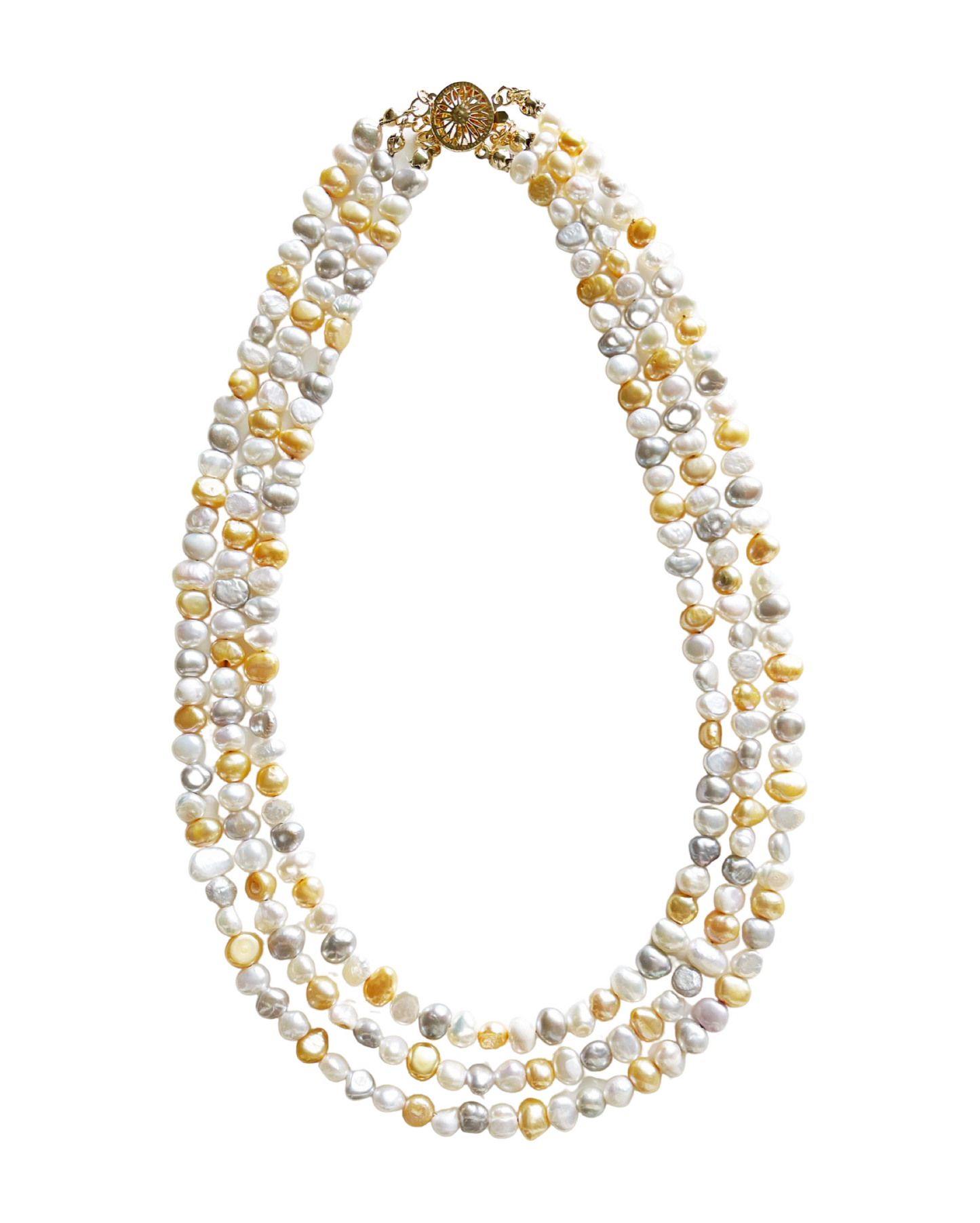 Three-strand coloured freshwater pearls necklace