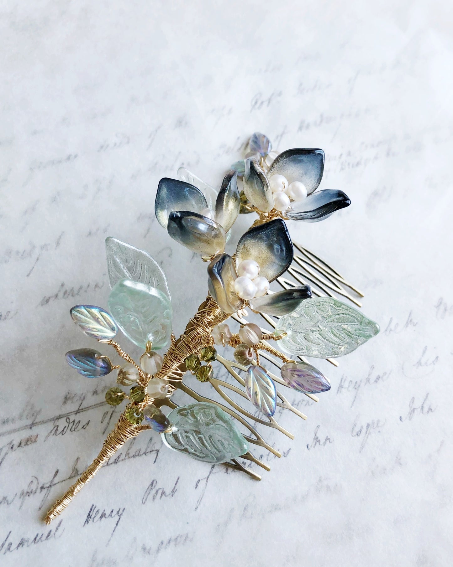 Black lily Swarovski crystals and glass heirloom hair slide