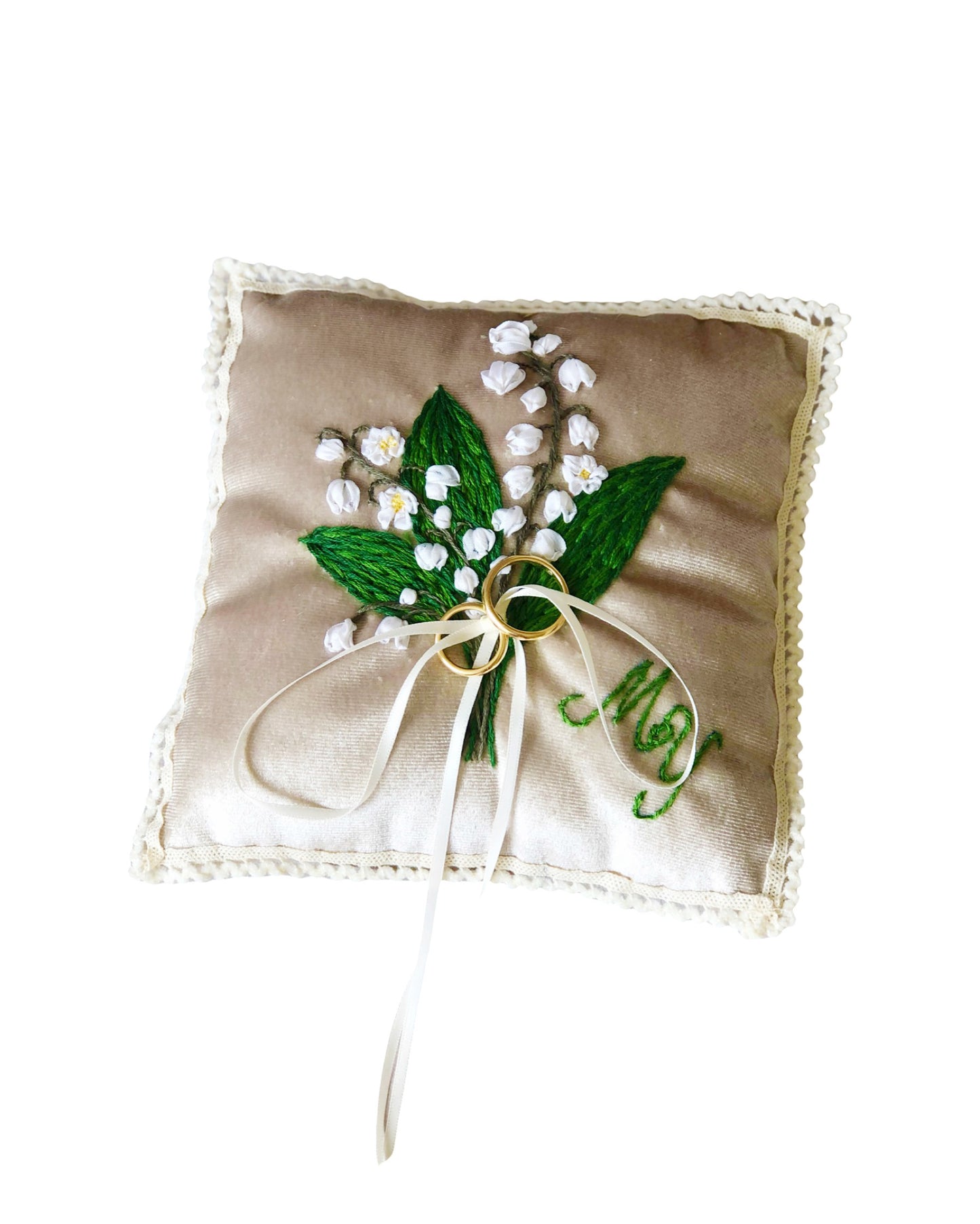 Lily of the valley hand embroidered ring pillow