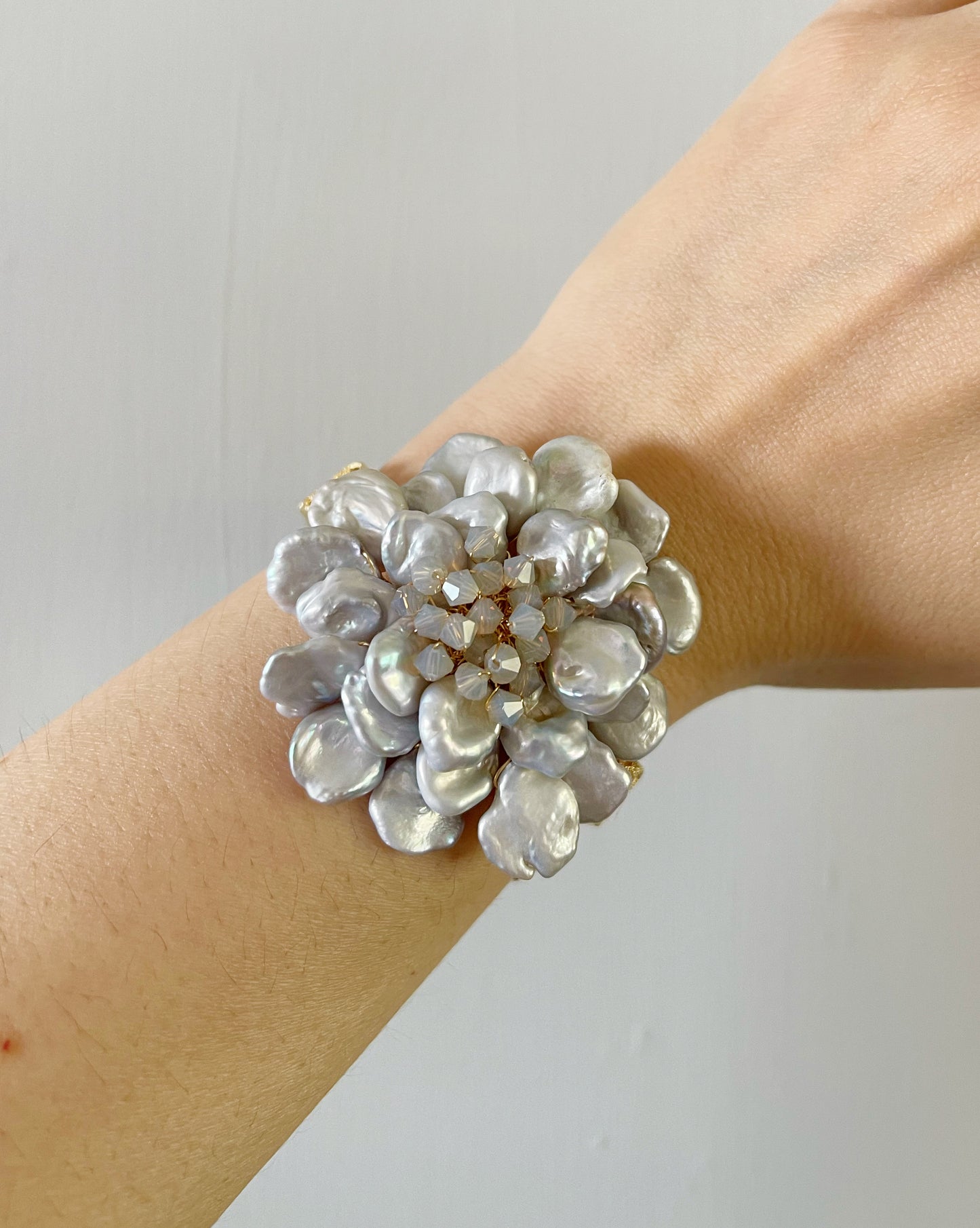 Silver Christmas peony freshwater pearls and Swarovski crystals bangle