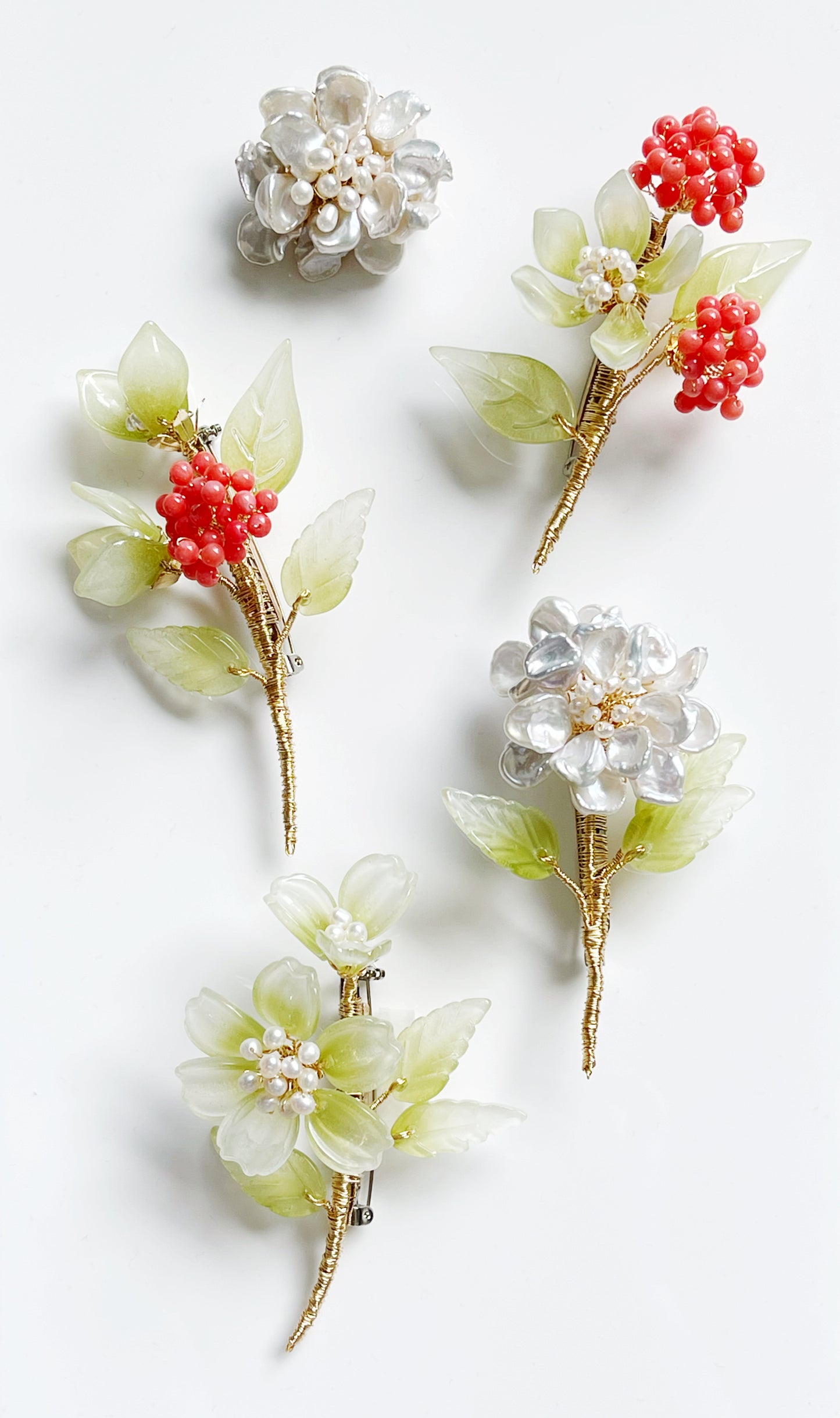 Forever green lily buds and hydrangea brooch