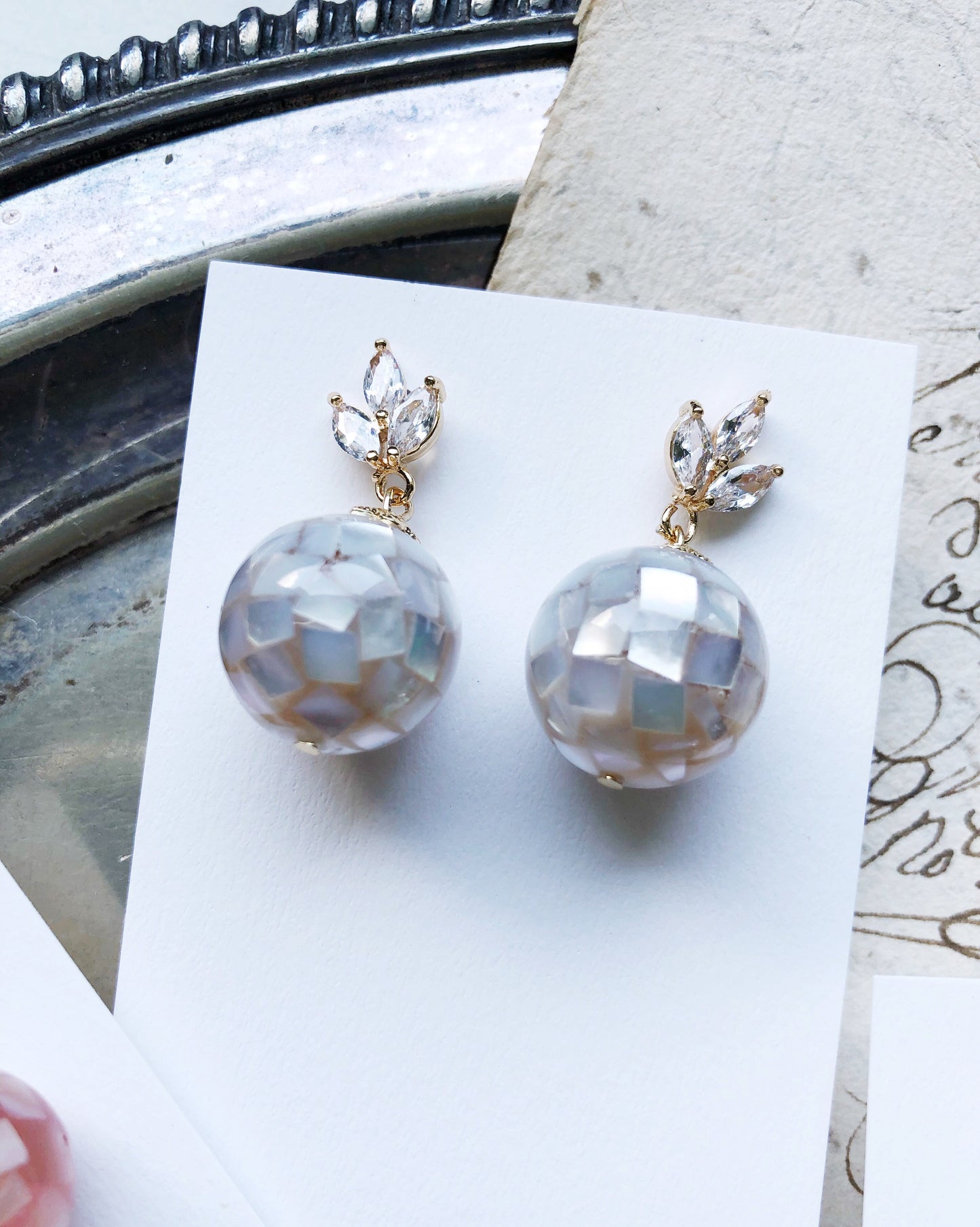 Seashell mosaic bubbles glass beads earrings in pale yellow