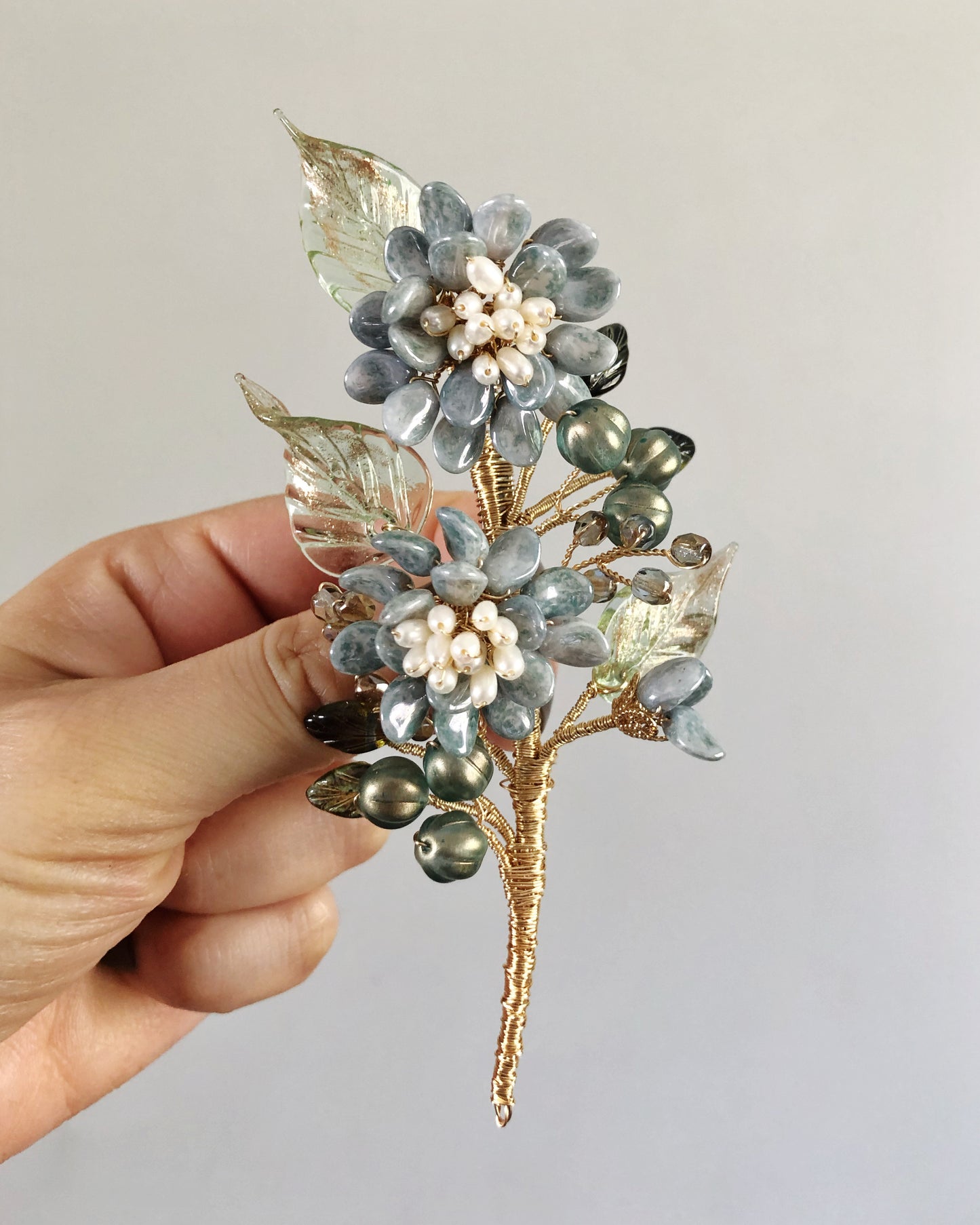 《January Palette III》Victoria’s chrysanthemum floral bouquet brooch in antique blue