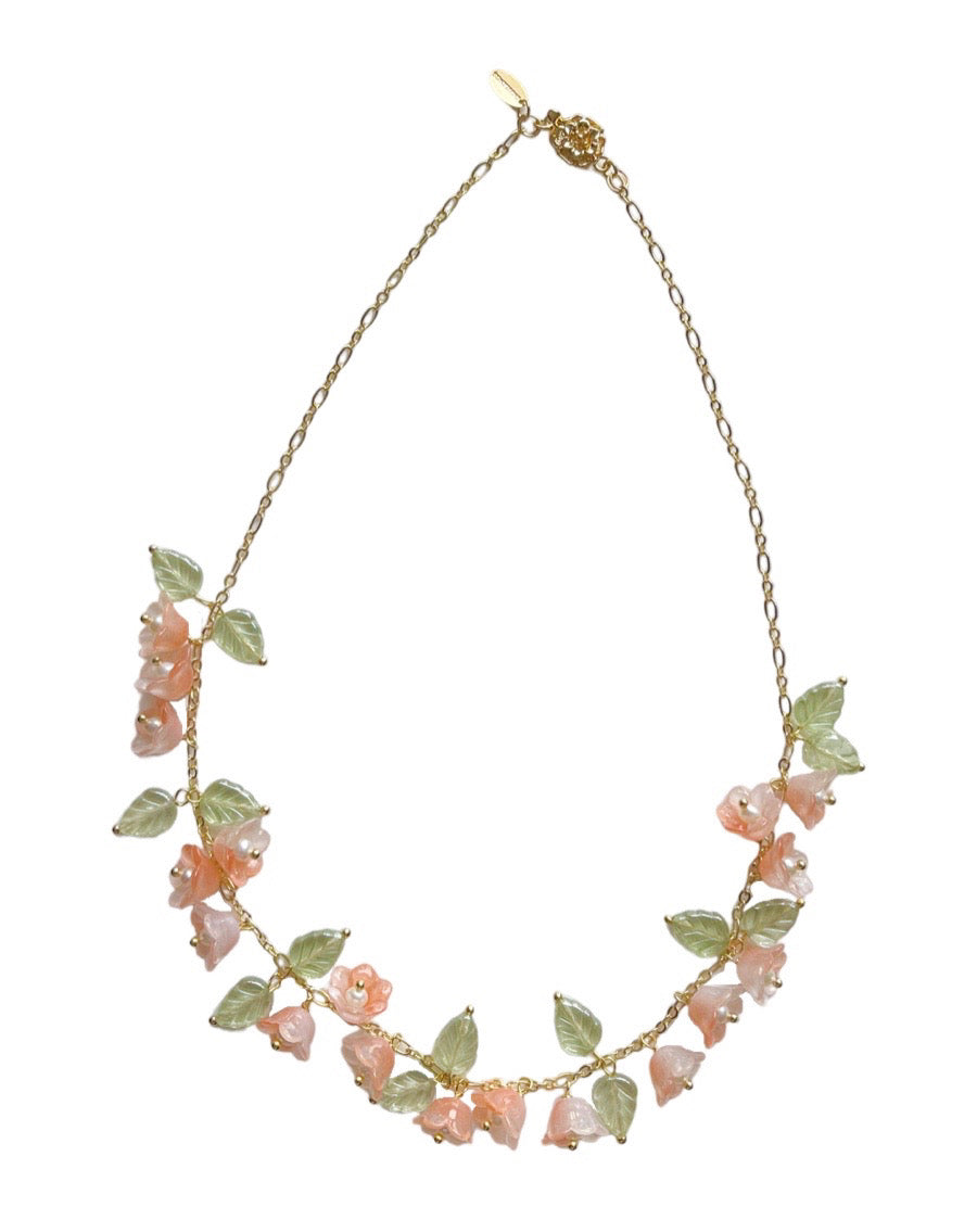 Spring Canterbury bell flowers bouquet necklace in peach
