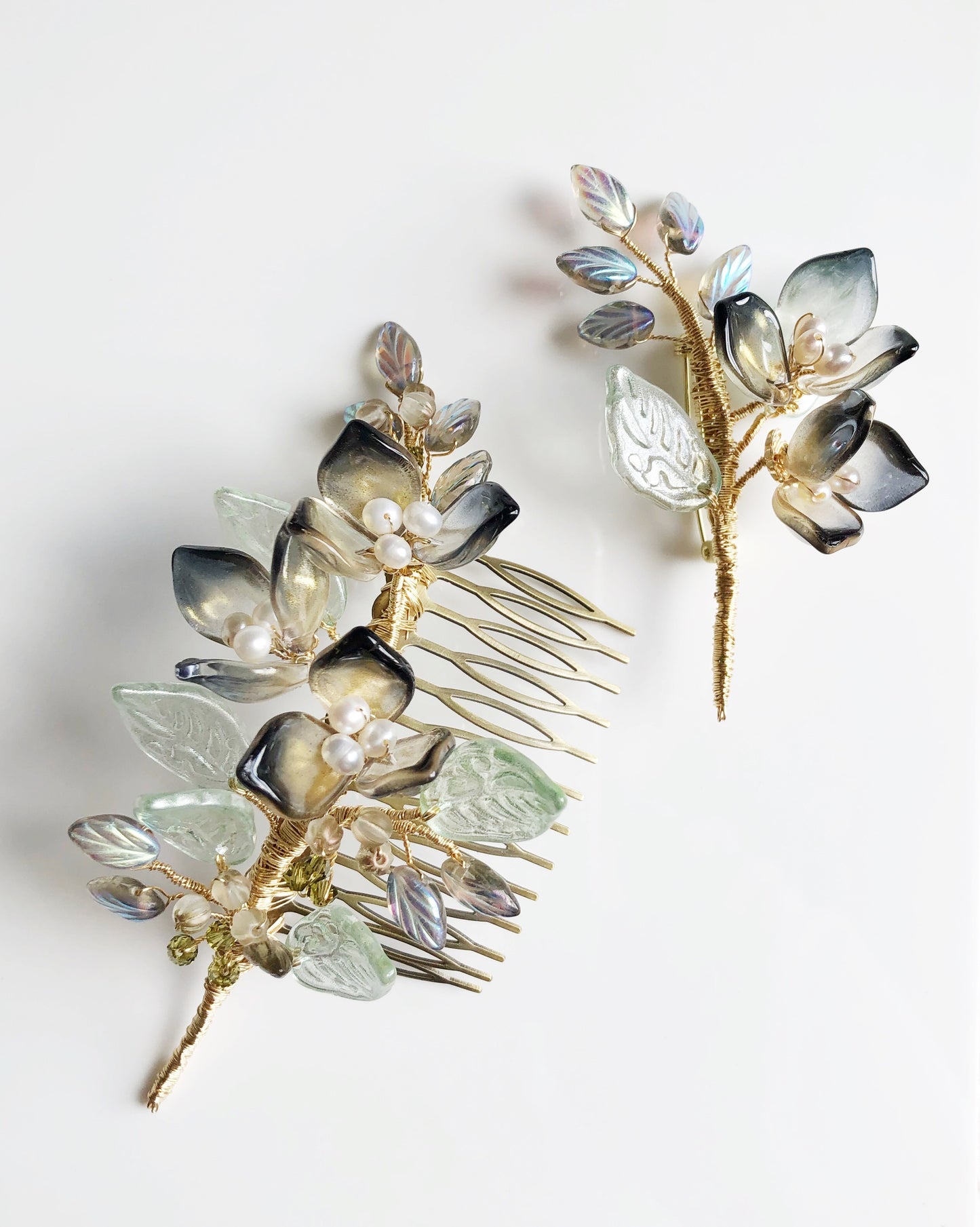 Black lily Swarovski crystals and glass heirloom hair slide