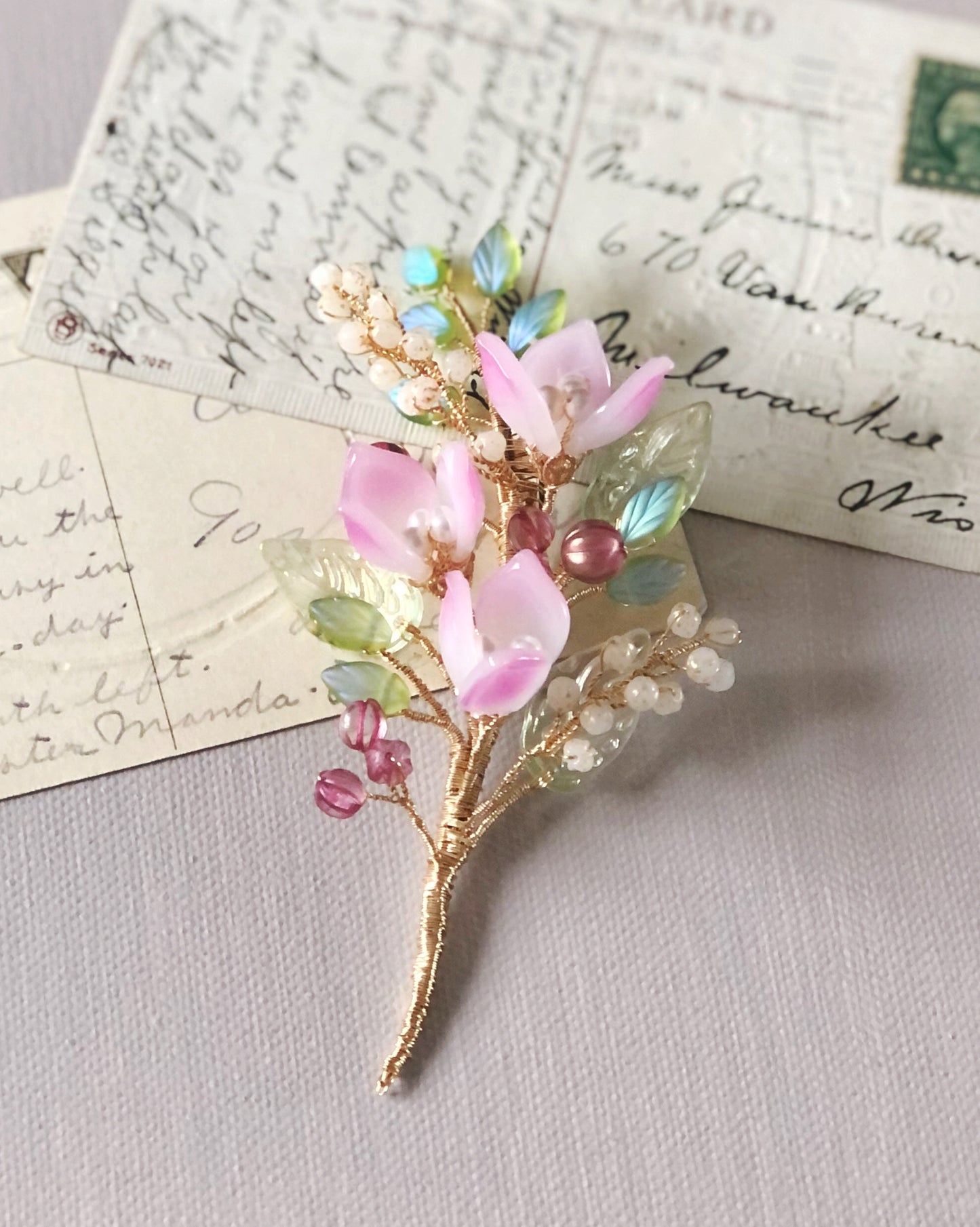 《January Palette IV》Lily bouquet brooch in Chinese New Year pink