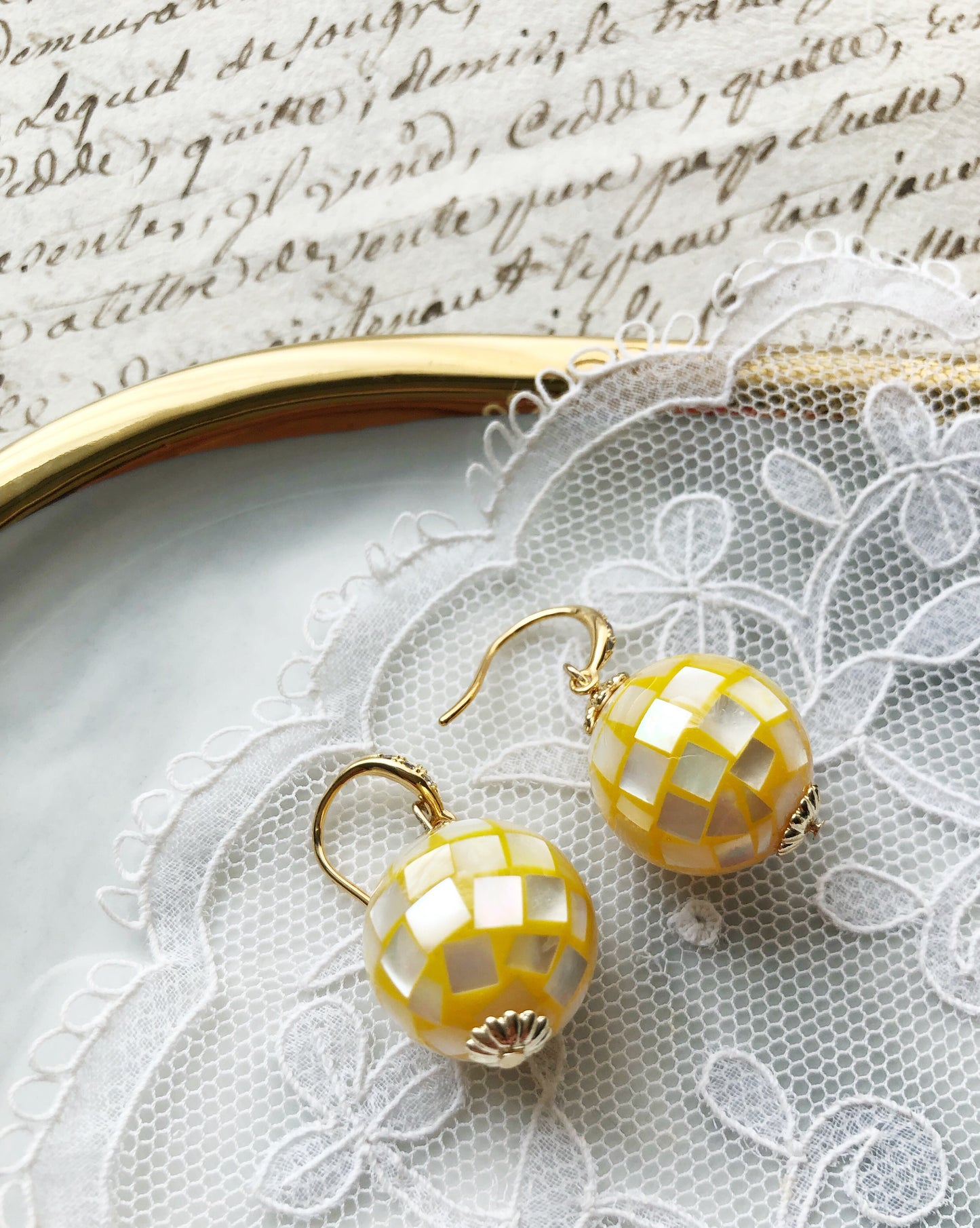 Seashell mosaic bubbles glass beads earrings in sunshine yellow