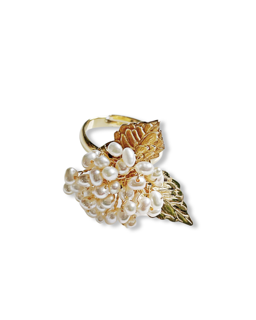 Freshwater seed pearls hydrangea ring