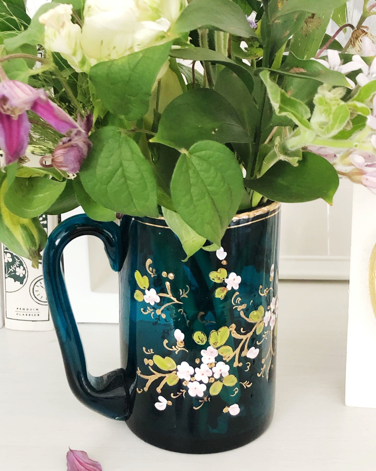 Victorian hand painted floral glass mug