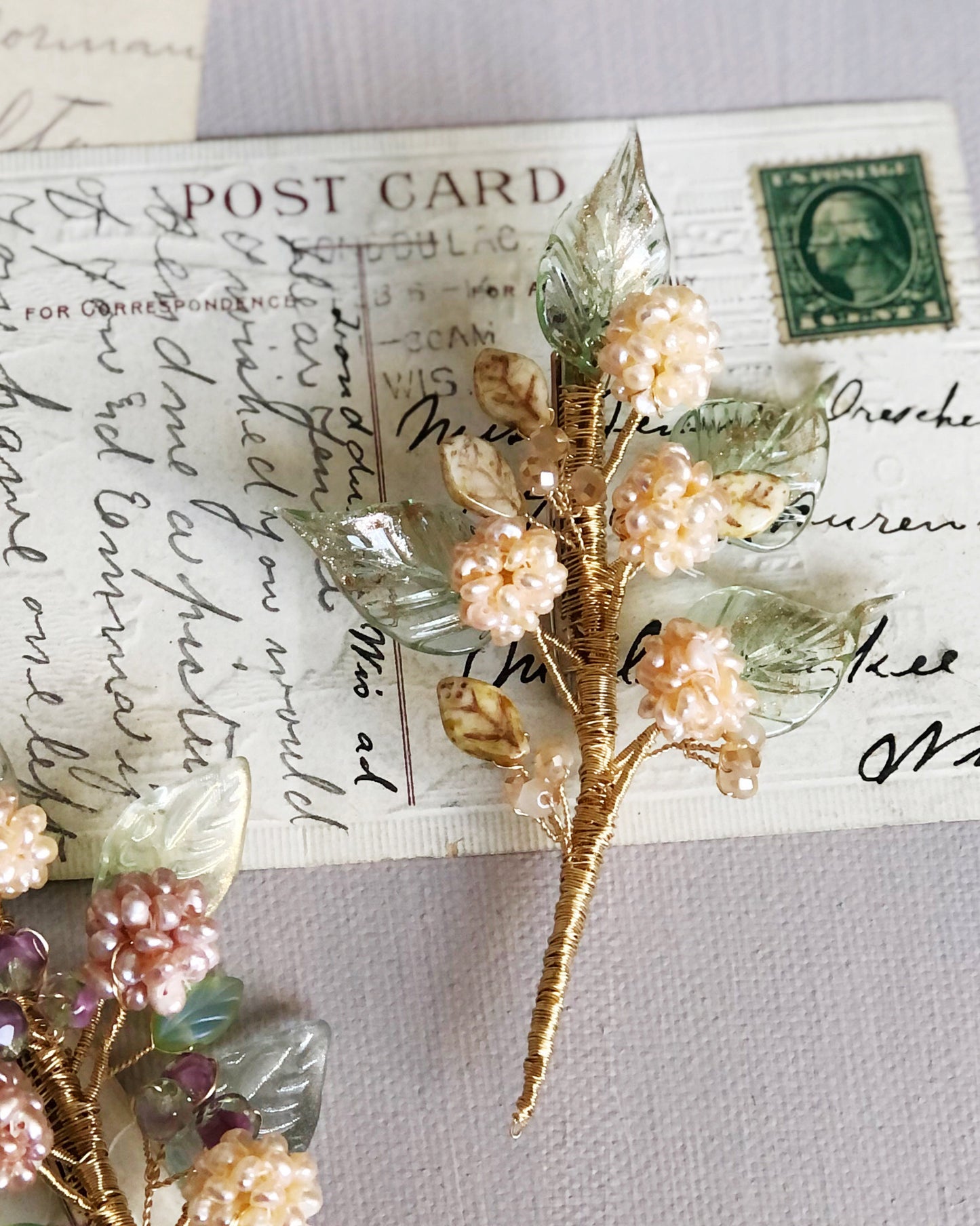 Pearl berries foliage brooch in peach