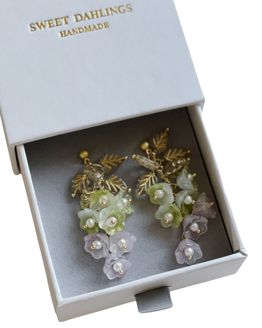 Canterbury bell flowers earrings in purple and green