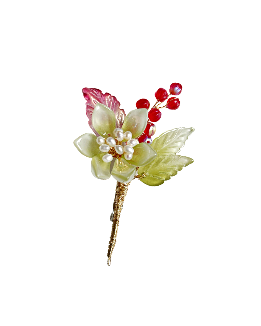 Forever green lily and red blossoms brooch