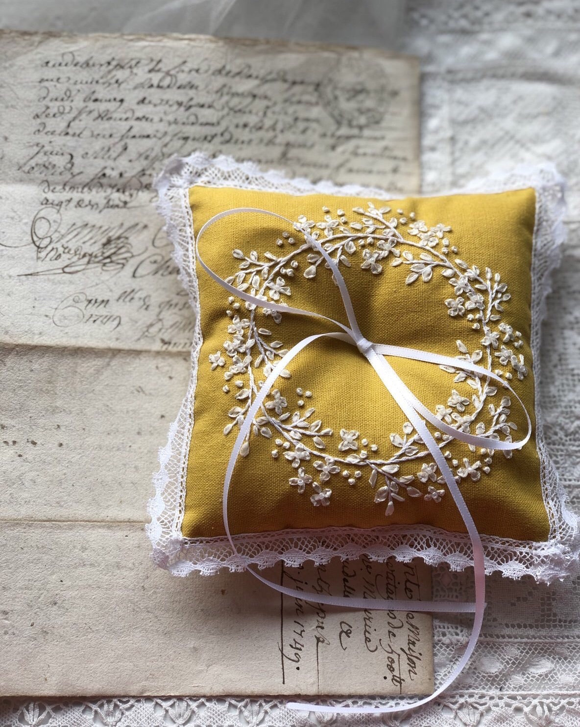 Edwardian inspired embroidered ring pillow in marigold
