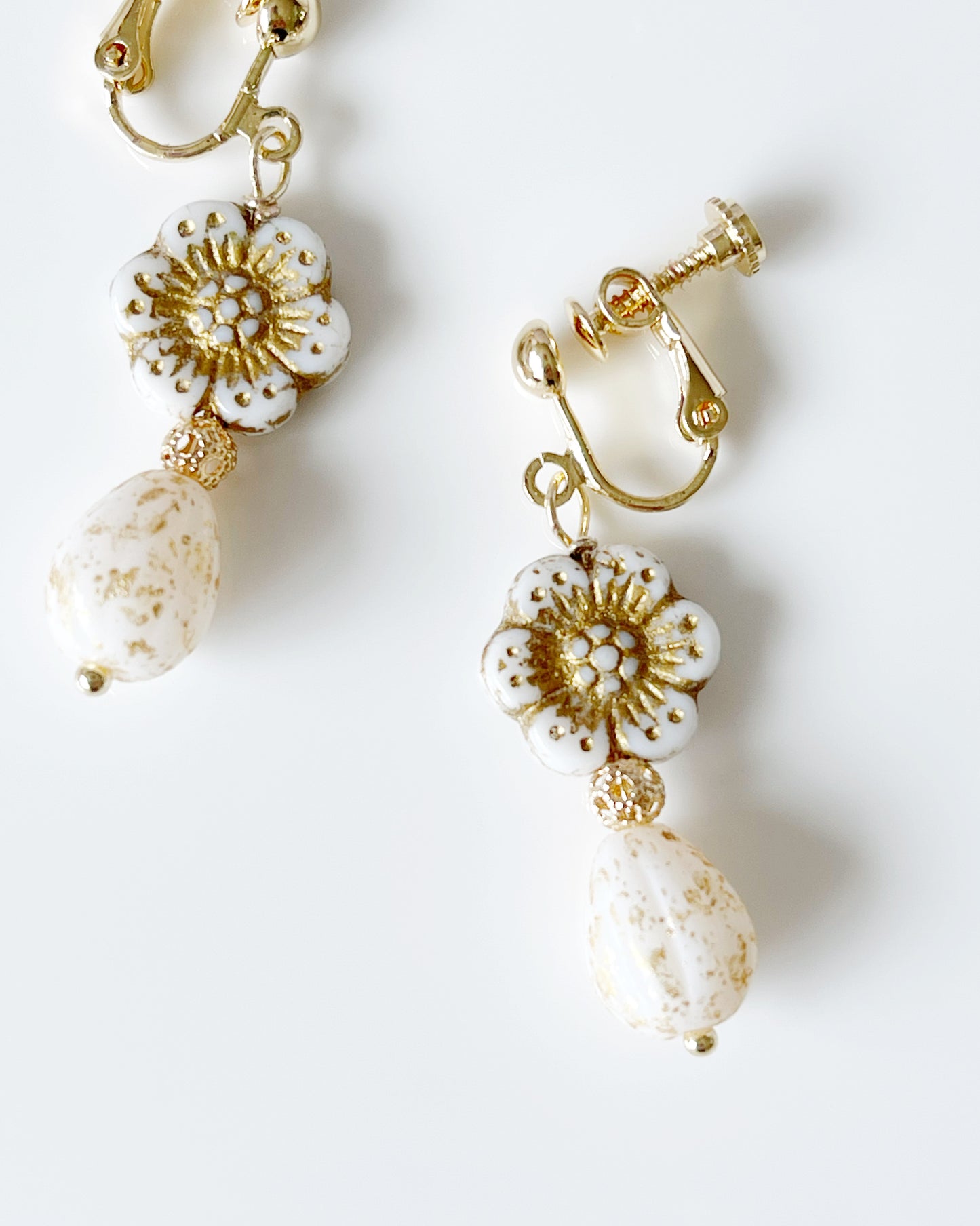 My first wedding heirloom Victorian flowers and tear drop glass earrings in antique white