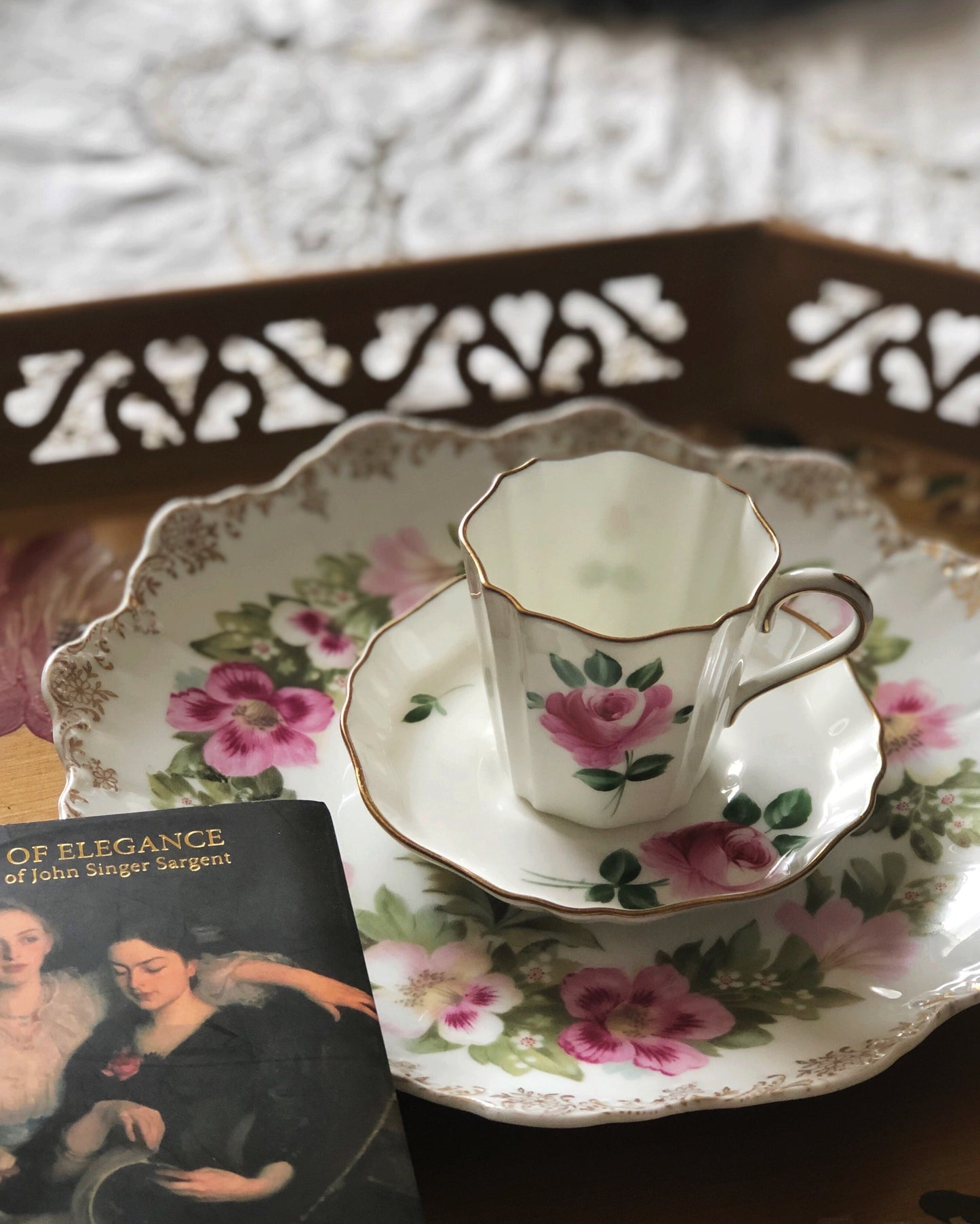 Vintage mid-century Wedgwood pink rose demitasse and saucer set